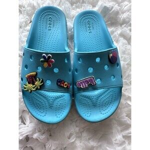 Kids Crocs Classic Slides Sandals Blue Size 3 GUC Includes 5 Jibbitz Charms